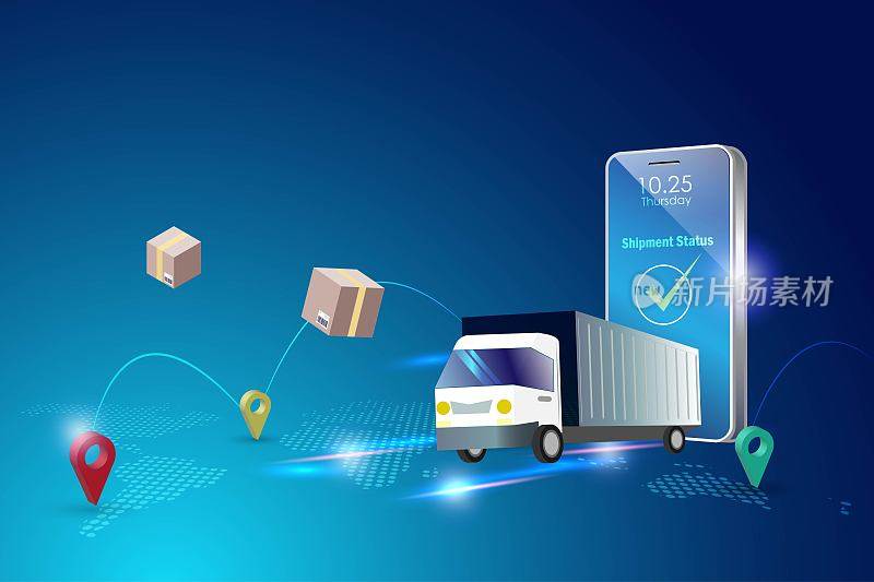 全球在线智能物流。配送卡车通过智能手机配送，与全球网络连接。全球物流和运输技术