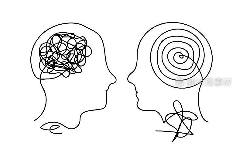 矢量连续直线绘制人类头部与相反的思维概念插图