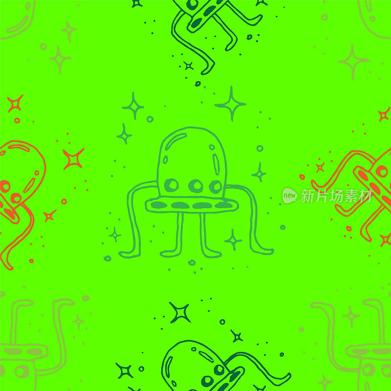 绿色上的Ufo无缝图案插图