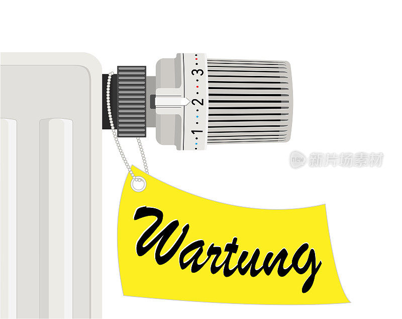 带散热器和维修标志的恒温器，
德文“Wartung”翻译为“维护”
矢量插图孤立在白色背景上