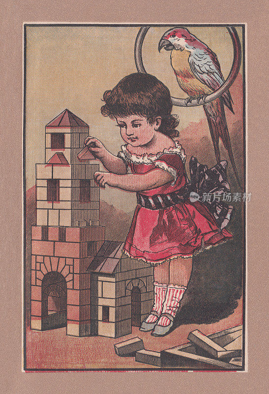 小女孩建塔，彩色印刷术，出版于1895年左右