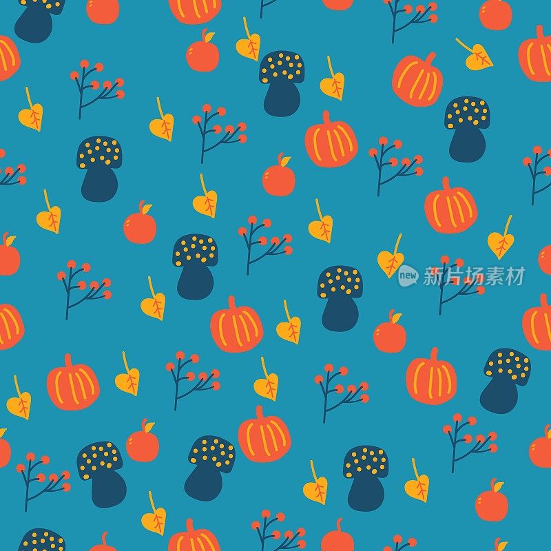 在蓝色的背景上画上南瓜、苹果、蘑菇和小树枝的孩子们天衣无缝的秋天图案。适用于贺卡、墙纸、包装纸、织物、苗圃装饰。