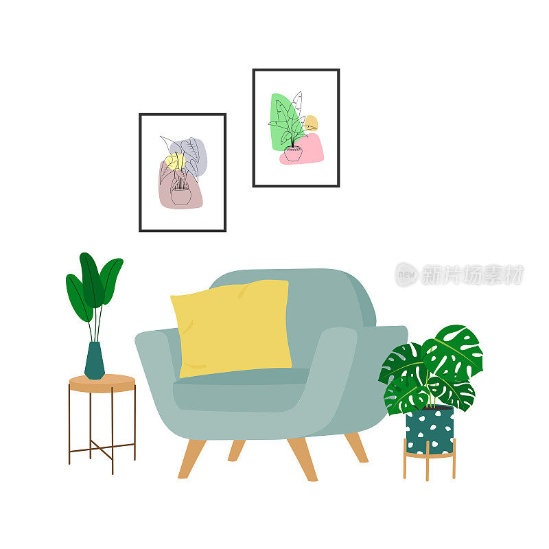 客厅室内设计，有扶手椅、图画、桌子和室内植物。