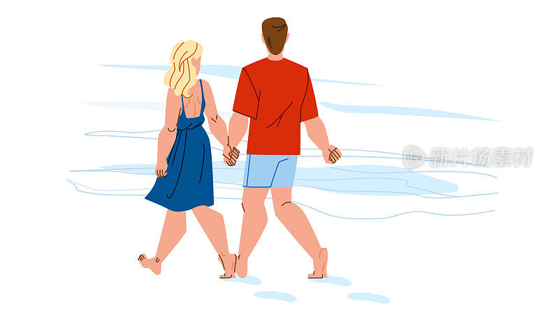 一对夫妇在海滩上行走矢量