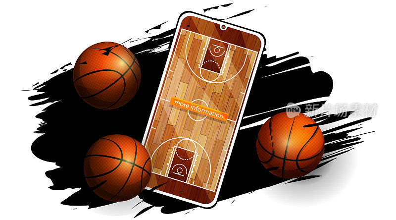 篮球和手机，在孤立的白色背景上有一个应用程序