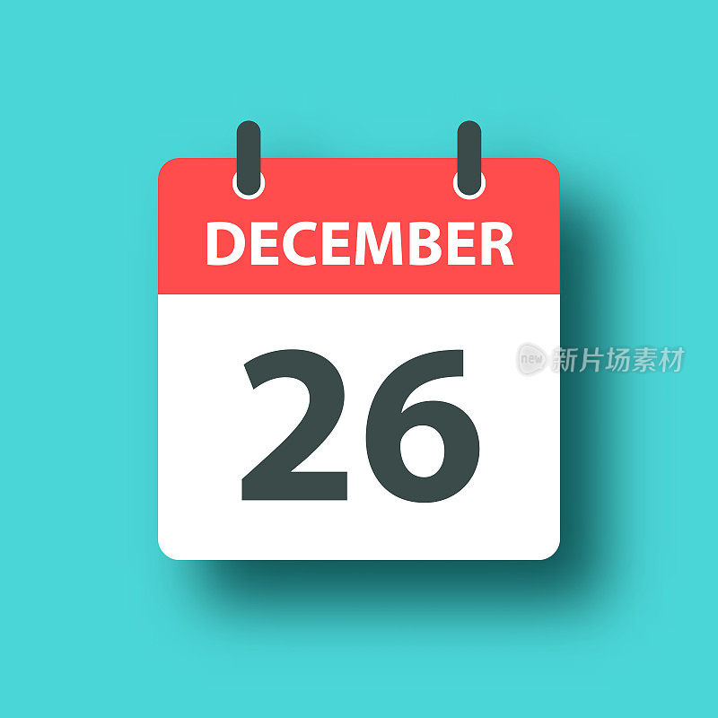 12月26日-日常日历图标上的蓝色绿色背景与阴影