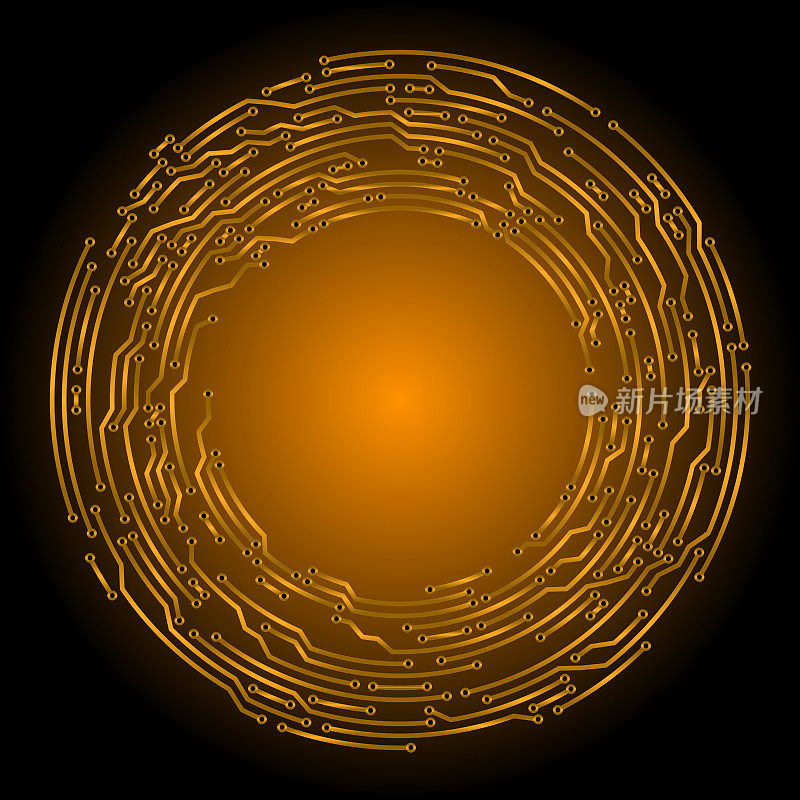 金色电路板风格的抽象圆形电子背景图案。