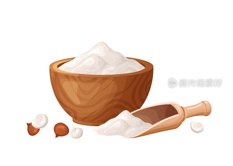 藜麦粉，木碗，带籽。健康的无麸质食物。有机产品中的粉末。矢量插图孤立在白色背景上