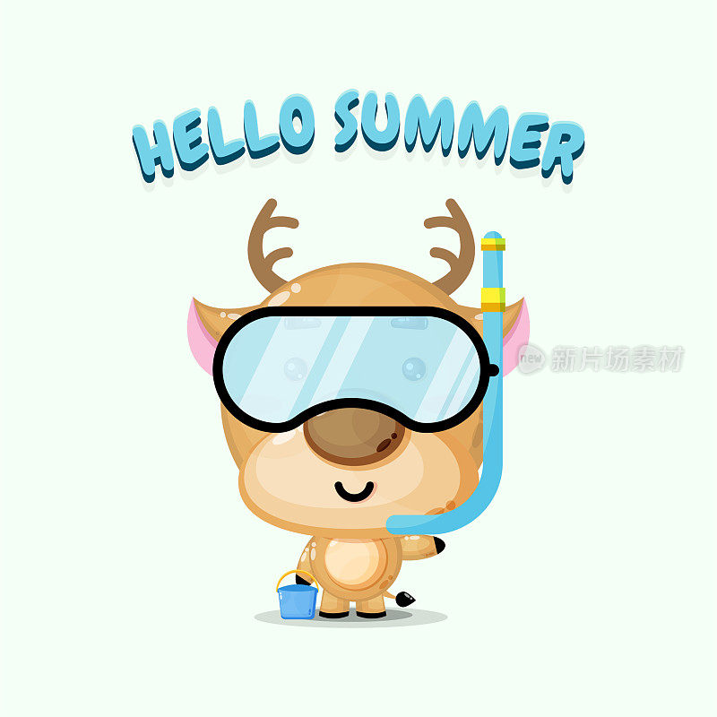 可爱的鹿吉祥物穿着潜水装备与夏天的问候