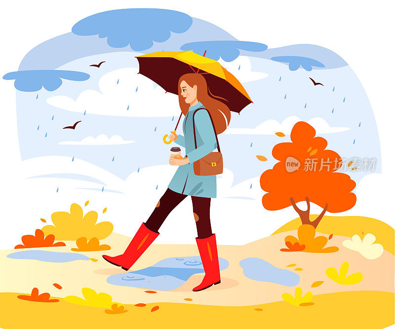 秋天的公园。一个女人在雨中漫步在秋天的公园里。一个女人拿着雨伞和咖啡在公园里散步。卡通矢量图