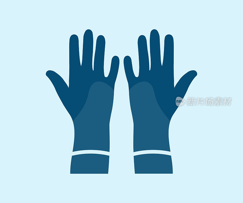 清洁用蓝色橡胶手套。家务持家，家庭卫生，专业保洁服务。乳胶手套作为防止病毒和细菌载体的象征设计和说明。