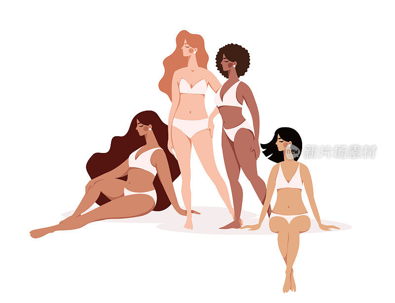 不同肤色和身材的多种族女性，穿着内衣。女性扁平卡通人物。各种美，矢量插图为美容。