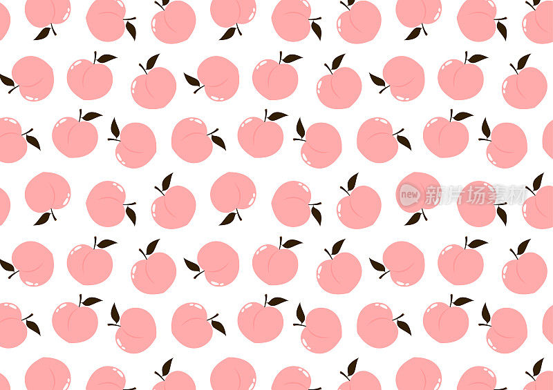 桃红色图案墙纸。用树叶图标涂鸦桃子。白色背景上孤立的心形桃果。农场，天然食物，新鲜水果。