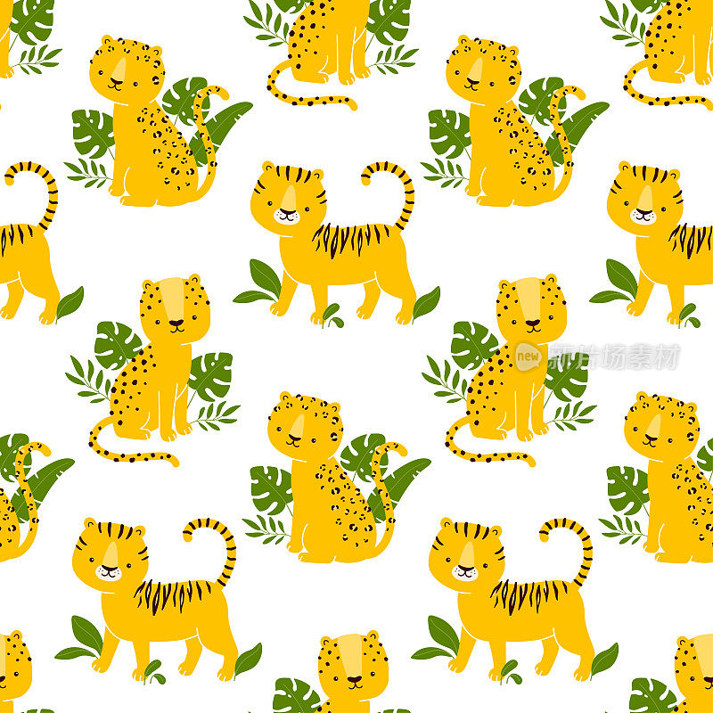 矢量无缝模式与可爱的老虎，猎豹和豹子