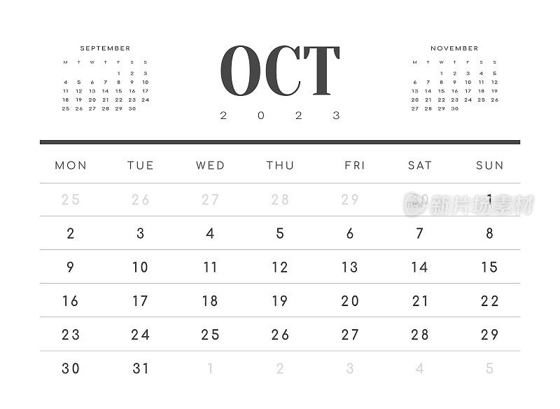 2023年10月的月历模板。矢量布局简单的日历与周开始周一。
