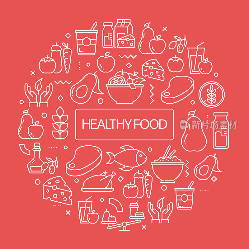 健康食品网站横幅与线性图标，新潮的线性风格矢量