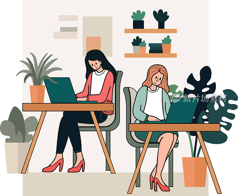 女企业家坐在咖啡馆里工作，涂鸦风格的插图