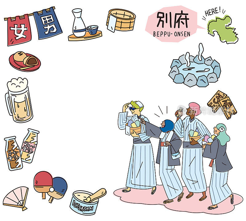日本大分别府温泉及一套温泉图标及身穿浴衣的外国游客(线描)
