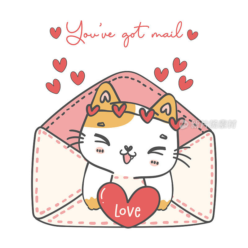 可爱甜美的情人节印花布小猫猫在爱信封红心卡通动物涂鸦手绘插图矢量