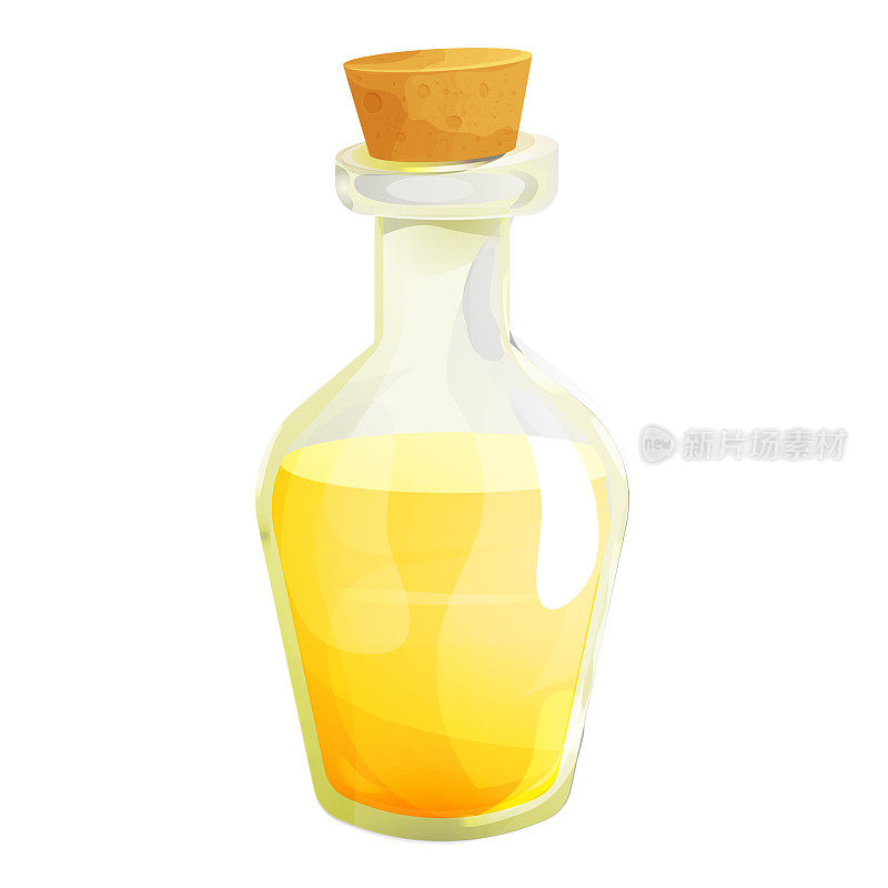 白底卡通风格的玻璃瓶塞装醋。苹果，酒液，调味汁。矢量图