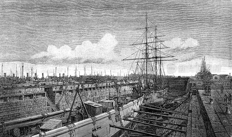 在自由汉萨城市不来梅海港的干船坞，用于建造、维护和修理船只，19世纪