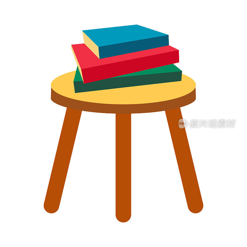 书架上有一堆书，彩色的书孤零零地放在白色的背景上。书放在凳子上。矢量插图。学校的概念