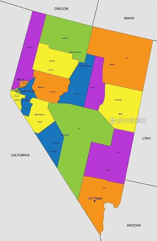 彩色的内华达州政治地图，清楚地标记，分开的层。矢量插图。
