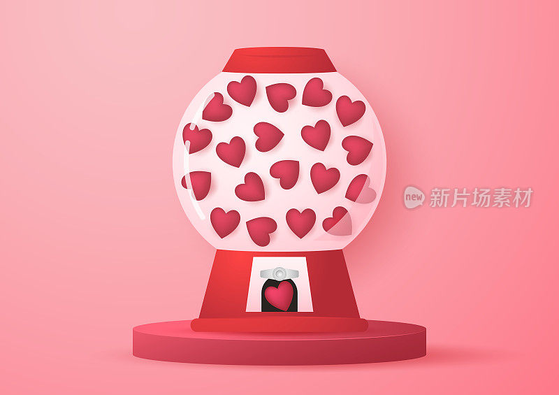 心脏在自动售货机充满红色、蓝色和白色泡泡糖心形在粉红色的背景。透明玻璃插图。情人节。