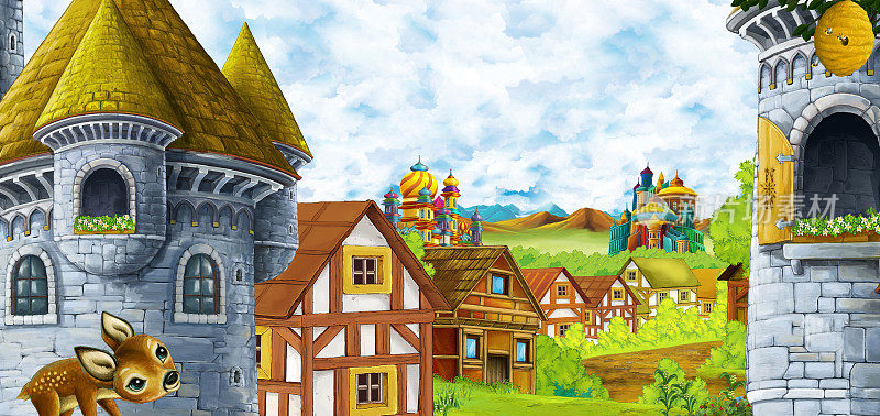 卡通场景与王国城堡和山脉山谷森林和农村定居点插图