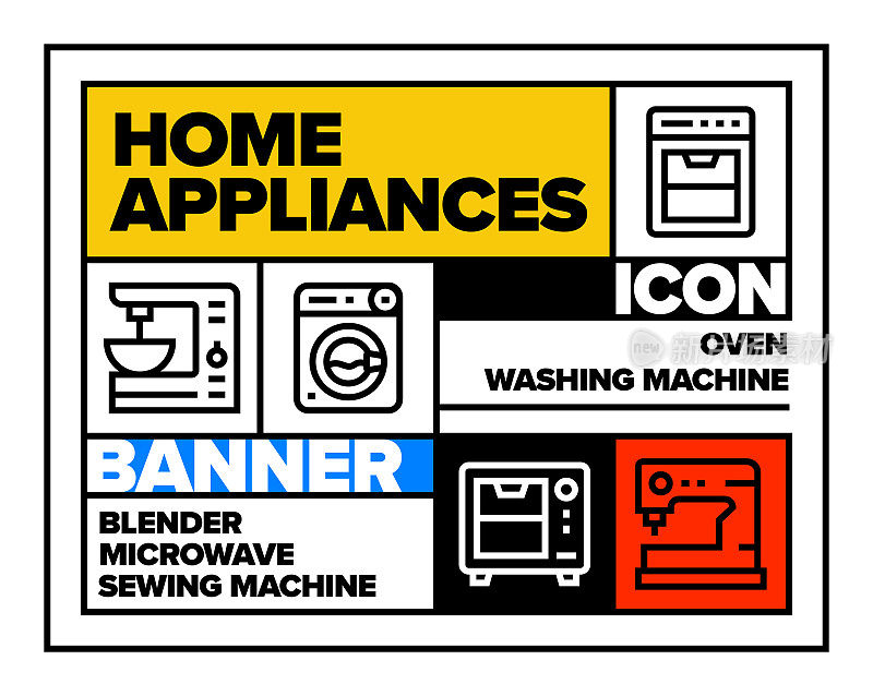 家用电器线图标集和横幅设计