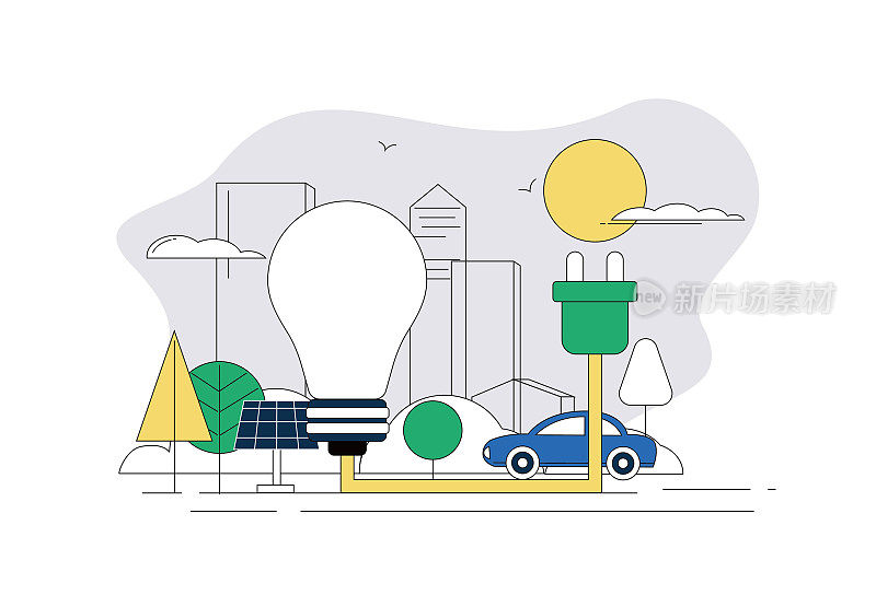 灯，建筑物，插头。节能、新能源环保概念图。