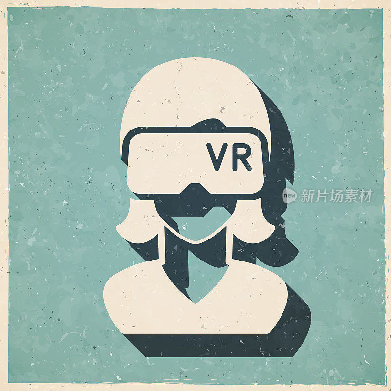 戴着VR头显的女人-虚拟现实。图标复古复古风格-旧纹理纸