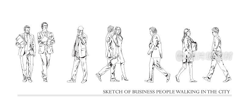 西装革履的商务人士在城市中行走的素描。人们带着背包、手提包和手机。