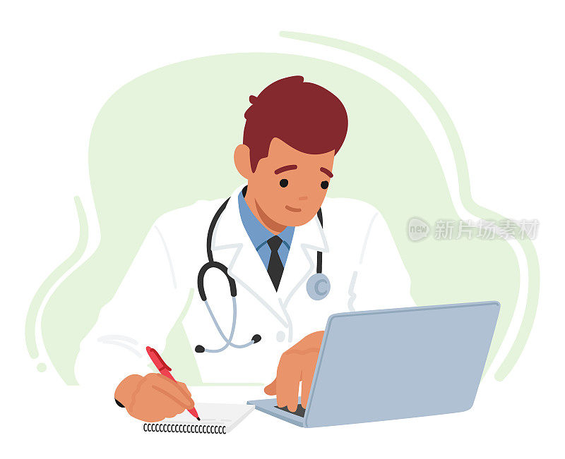 年轻的男医生角色在办公桌上使用笔记本电脑，利用现代技术为病人护理。专业、高效