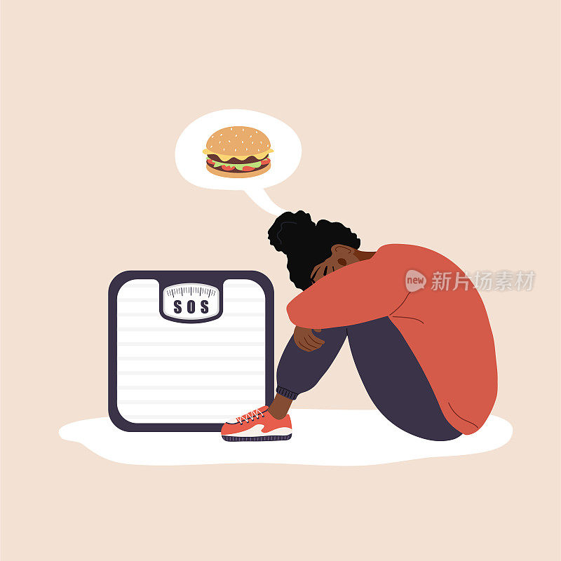 食物成瘾的概念。饮食失调。可怜的非洲女人坐在地板上抱着膝盖。沮丧的女孩在想汉堡包。矢量插图在平面卡通风格