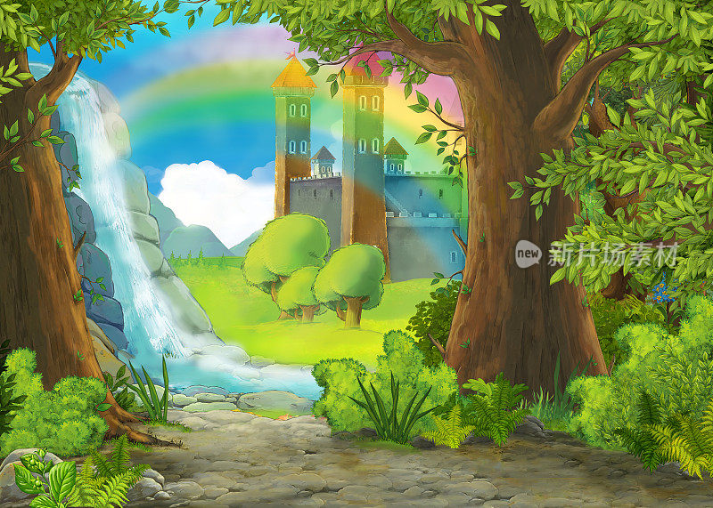 卡通自然景观，美丽的城堡溪流和彩虹，为孩子们插图