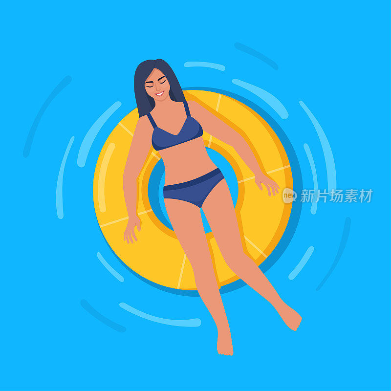 快乐的女人穿着泳衣漂浮在橡胶圈在游泳池或在海里。放松，享受生活的理念。矢量插图。