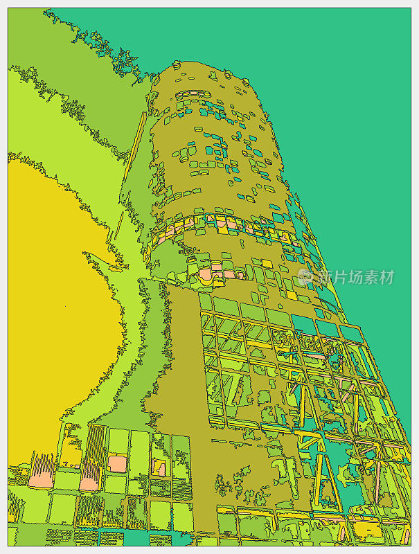 轮廓风格霓虹色彩超宇宙卡通户外场景，城市大型商场