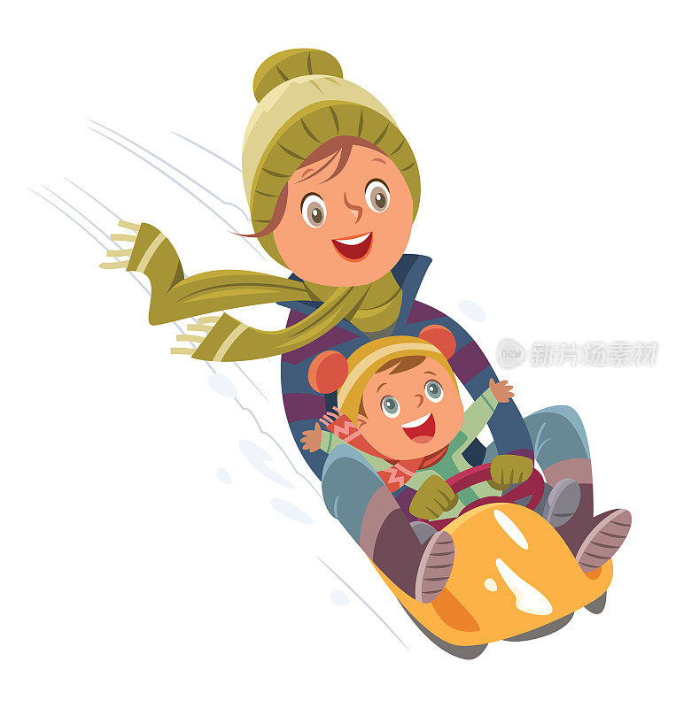 妈妈和孩子在下雪的公园里滑雪