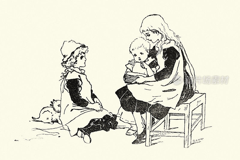 一群年幼的孩子，维多利亚儿童书籍插图，19世纪