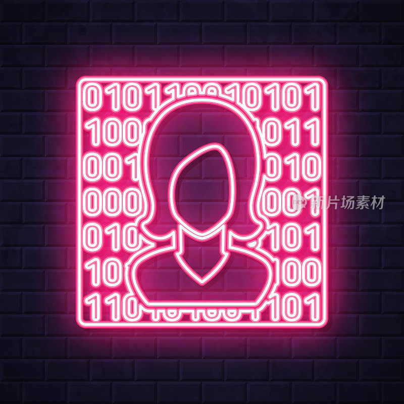 女性脸用二进制码。在砖墙背景上发光的霓虹灯图标