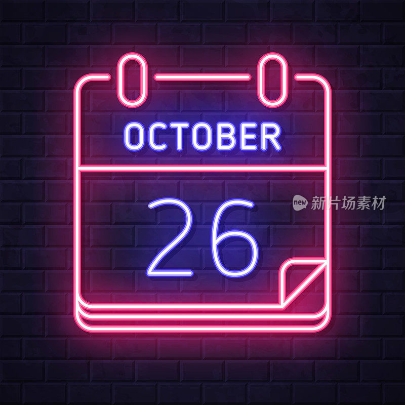 10月26日。在砖墙背景上发光的霓虹灯图标