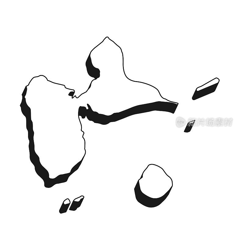 瓜德罗普岛地图与黑色轮廓和阴影在白色背景