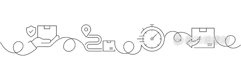 连续一条线绘制交付和物流图标的概念。单线矢量插图。航运,快递,包裹。