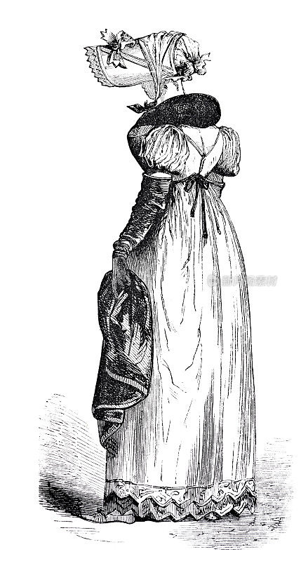 1801女性服装，女帽，年轻女子全身站立，后视图