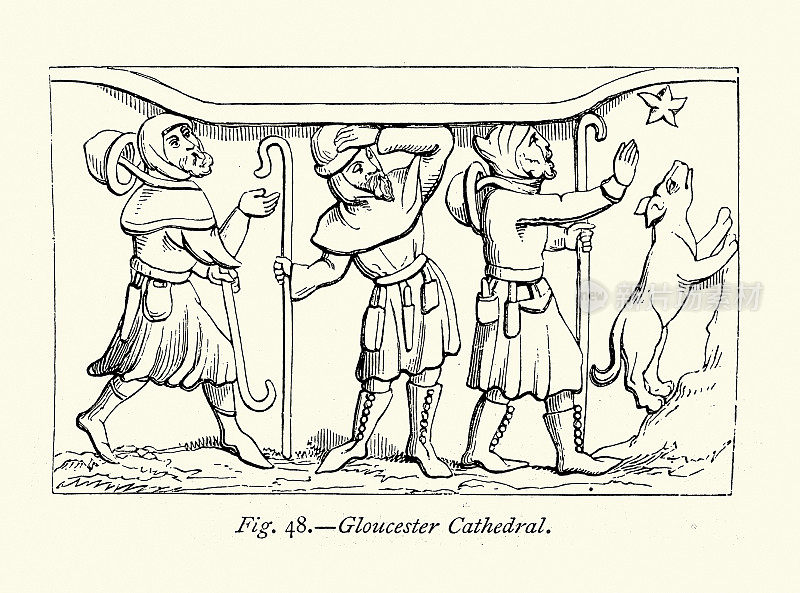 三个牧羊人和他们的狗跟随一颗星星，中世纪英国木雕艺术，Misericord