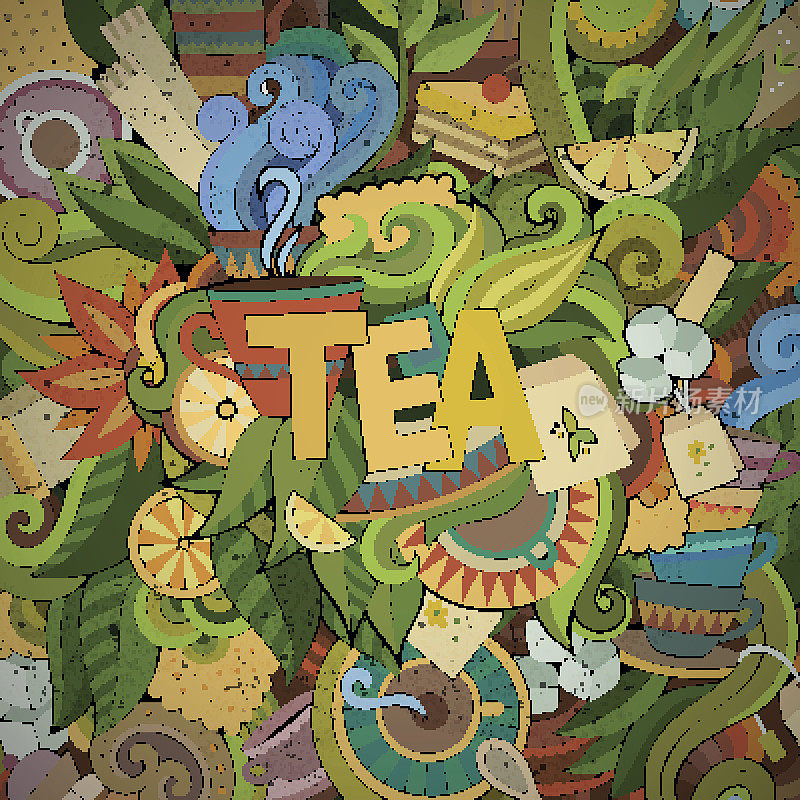 茶水手写体和涂鸦元素背景。
