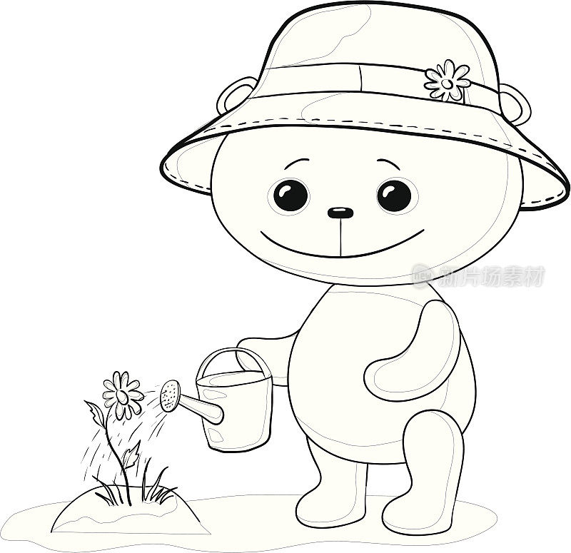 泰迪熊浇花，轮廓