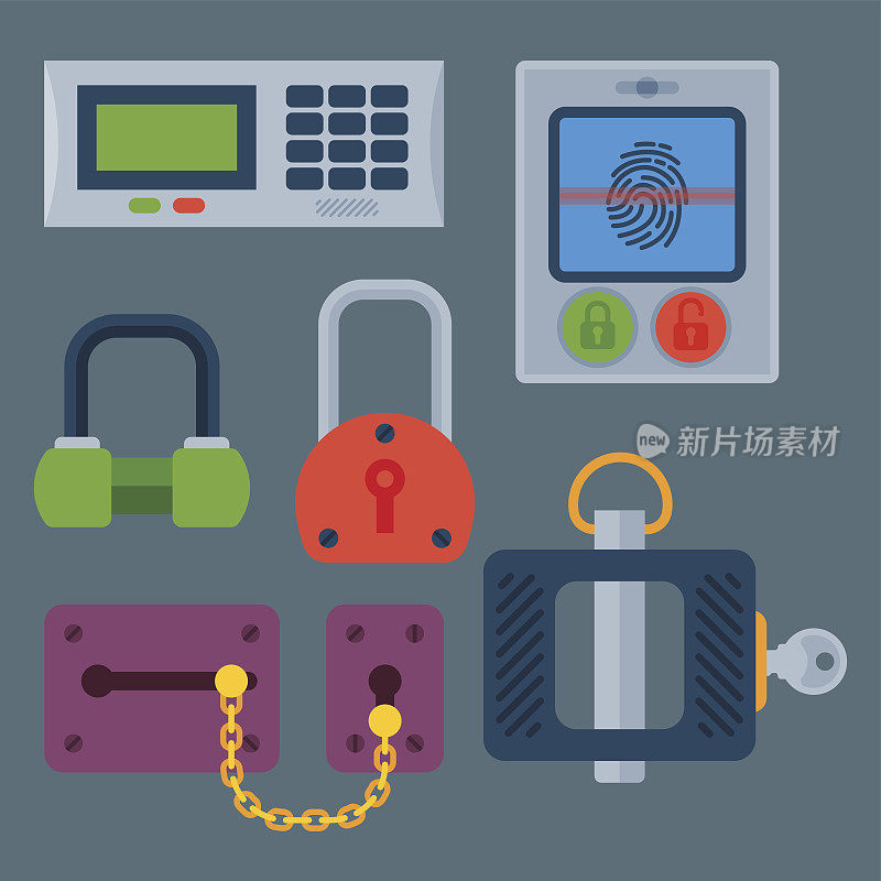 不同的房子门锁图标设置矢量安全密码隐私元素与钥匙和挂锁，保护安全锁眼矢量插图