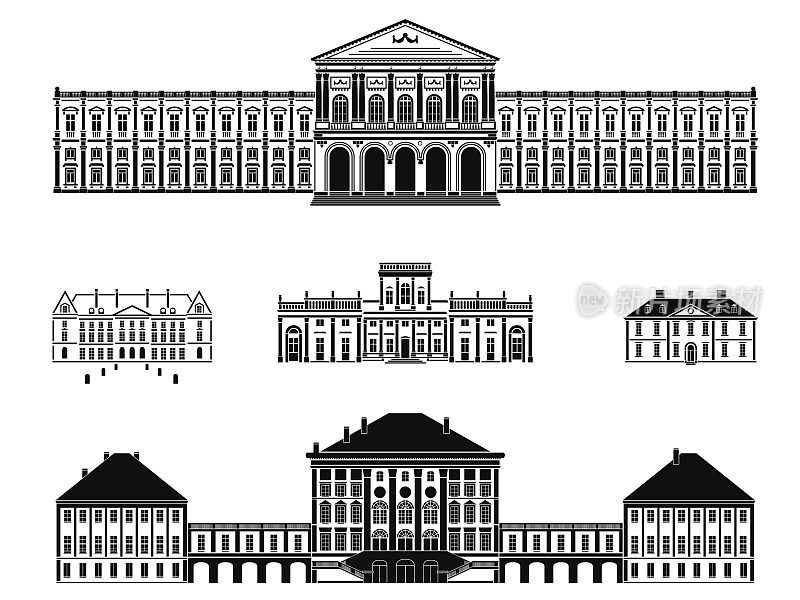城堡，宫殿和大厦矢量插图